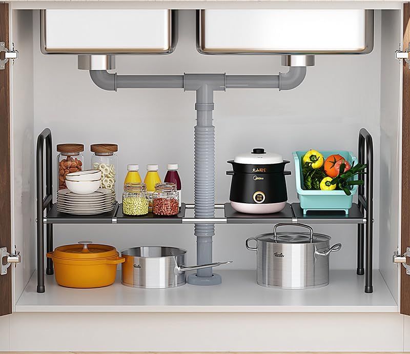 Extendable Storage Rack Under Sink Shelf Kitchen Organizer black view 2