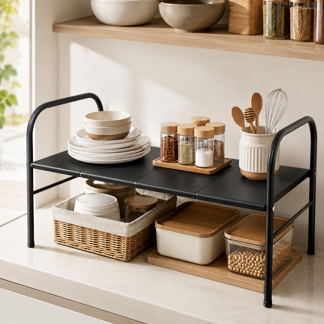 Extendable Storage Rack Under Sink Shelf Kitchen Organizer black view 5