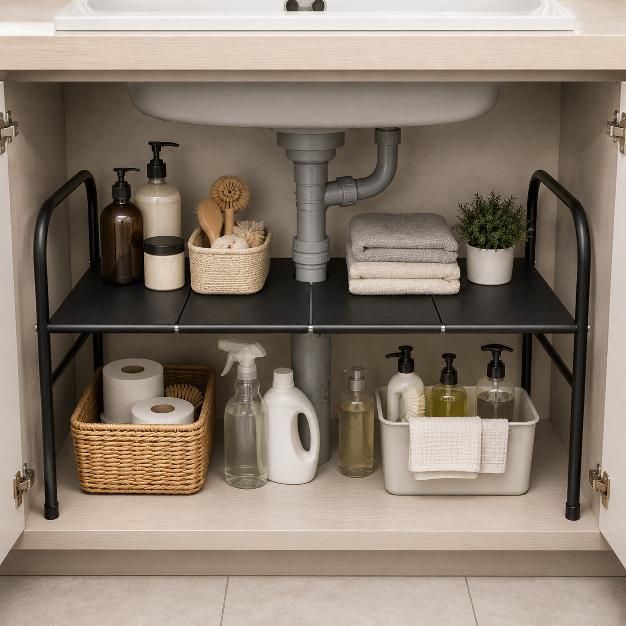 Extendable Storage Rack Under Sink Shelf Kitchen Organizer black view 6