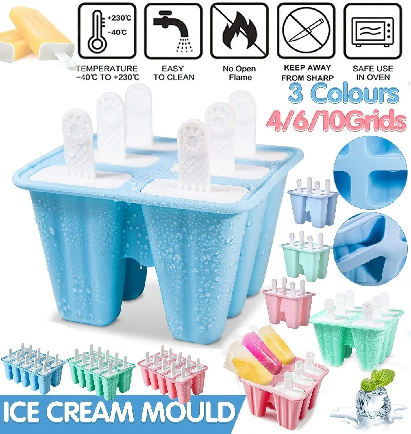 Silicone Ice Cream Mould Block Frozen Molds Icy Pole Jelly Popsicle - Blue-10Grid view 2