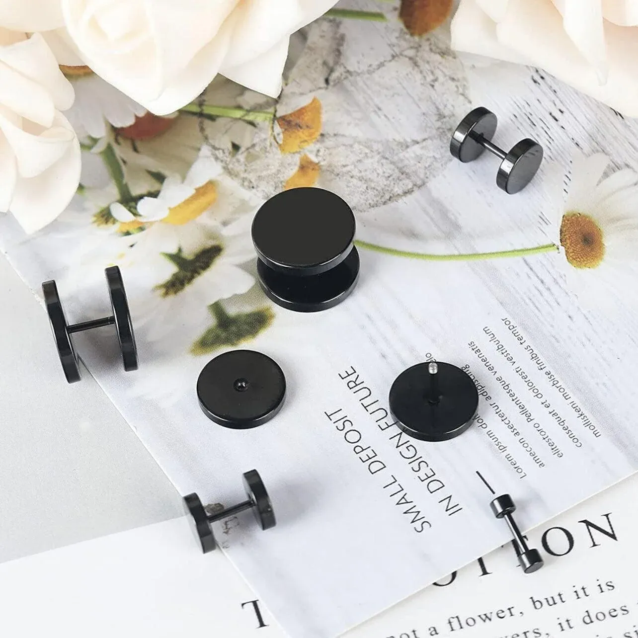 Pair Black Flat Round Barbell Plug Stud Earrings Stainless Steel Mens Gym view 5