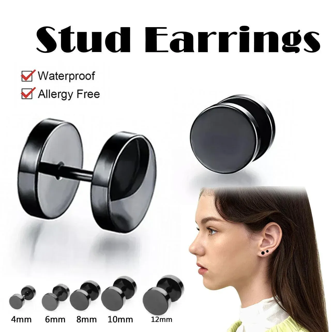 Pair Black Flat Round Barbell Plug Stud Earrings Stainless Steel Mens Gym view 2
