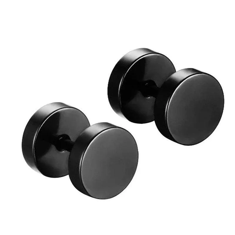 Pair Black Flat Round Barbell Plug Stud Earrings Stainless Steel Mens Gym