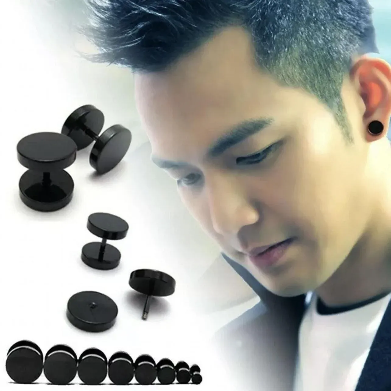 Pair Black Flat Round Barbell Plug Stud Earrings Stainless Steel Mens Gym view 10