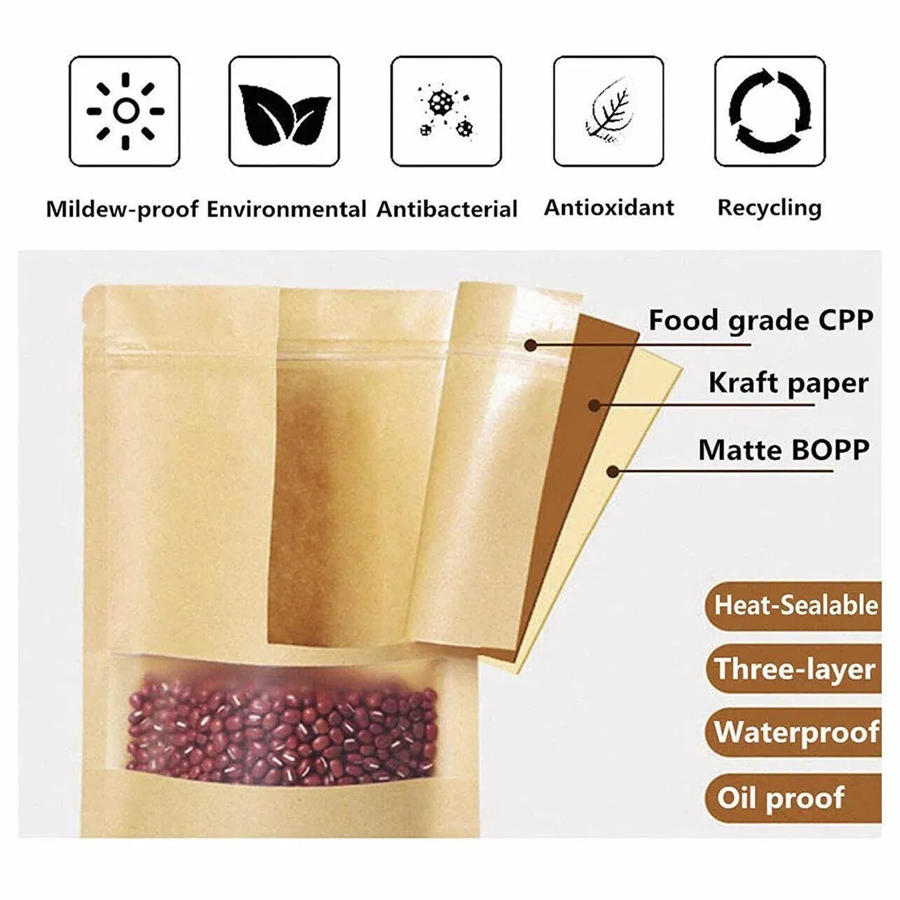 10-200x 23*35+5cm Stand Up Bag Kraft Paper Seal Packaging Window Zip Lock view 9
