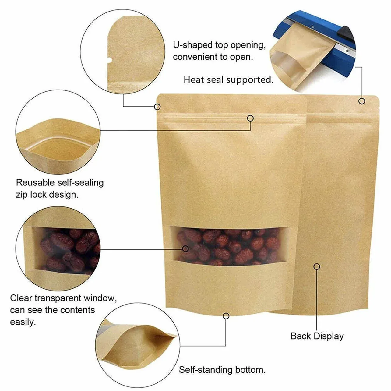 10-200x 23*35+5cm Stand Up Bag Kraft Paper Seal Packaging Window Zip Lock view 14