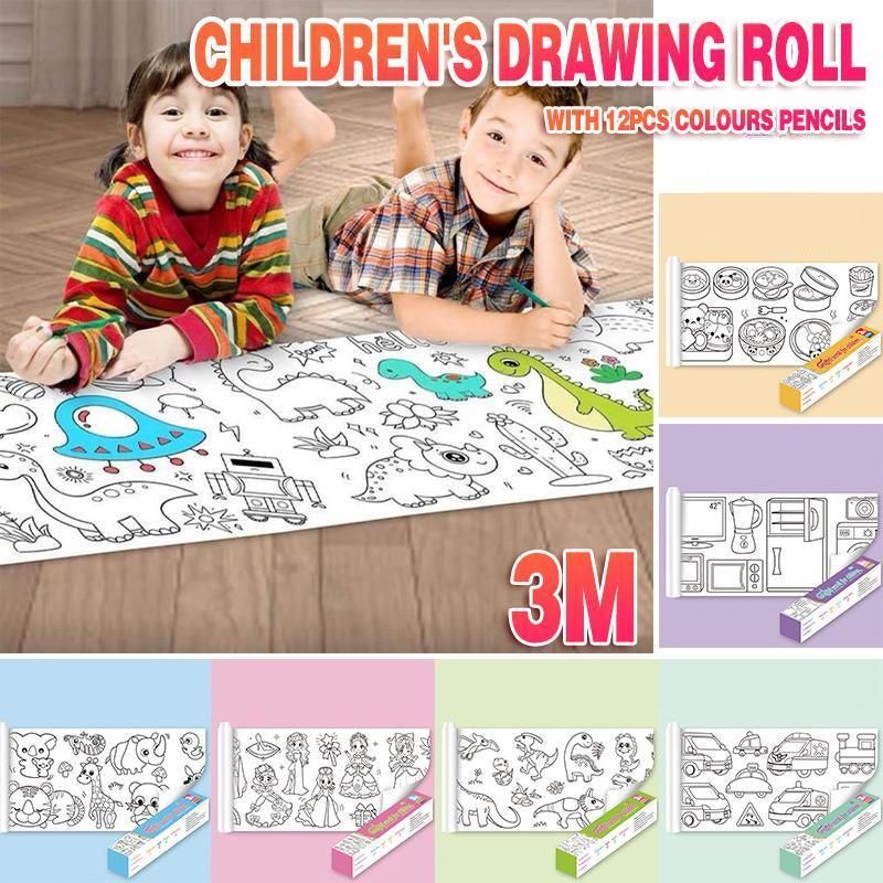 3M DIY Colouring Paper Roll with 12 Colour Pencils Cartoon Doodle Set view 2