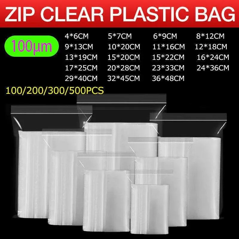 100PCS 100micron Bulk Clear Resealable PE Plastic Zip Bags - 15*22CM view 2