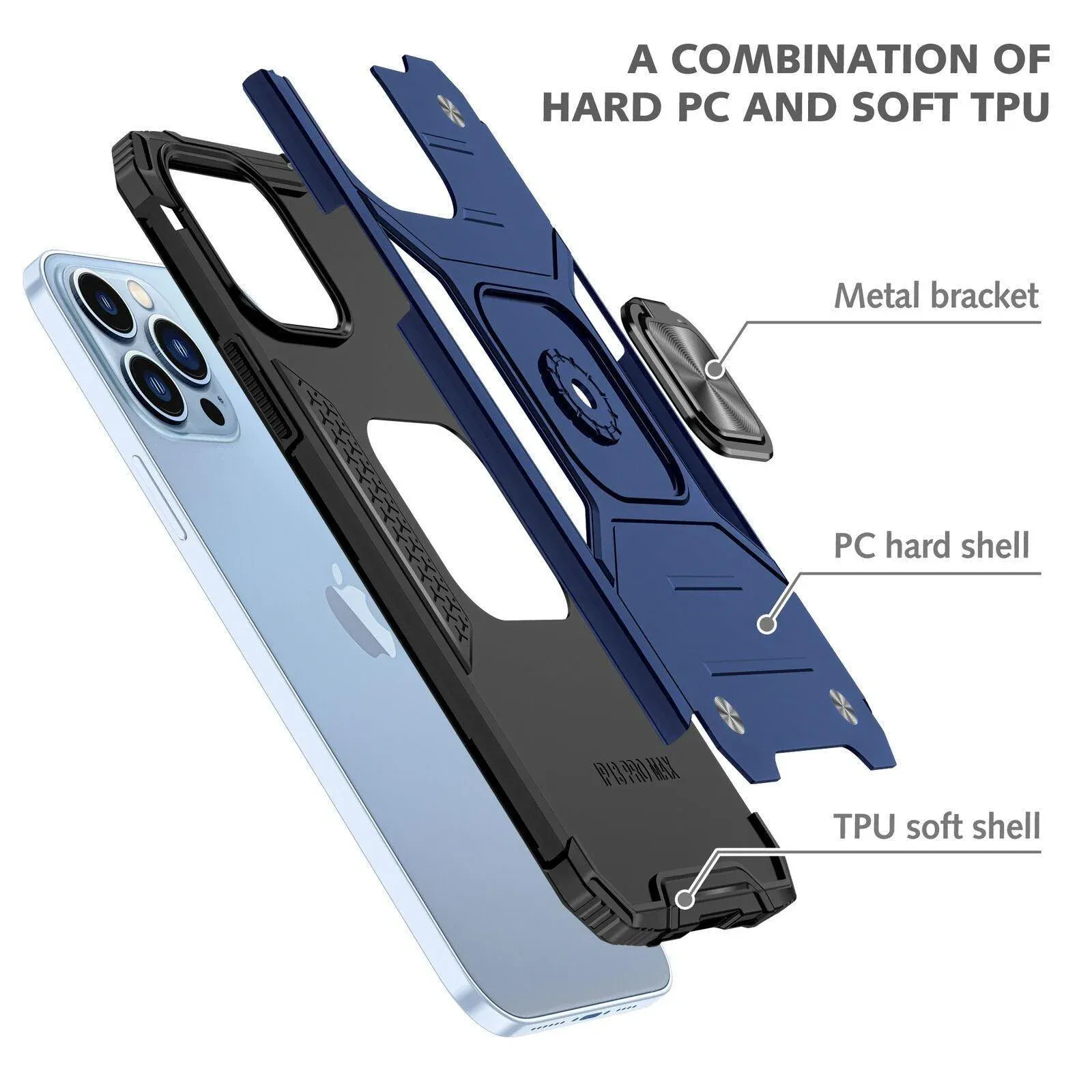 Shockproof Ring Case For iPhone 14 Plus Blue/Black/Red - Blue view 3