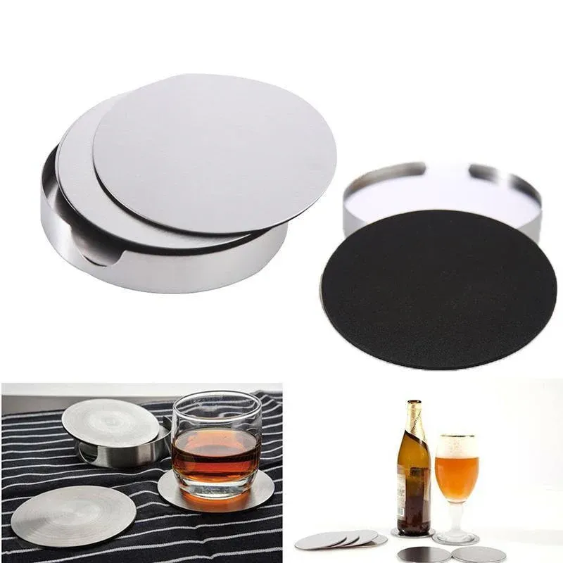 Stainless Steel Drink Coaster Set 6PCS Heat Resistant Cup Pads With Holder view 3