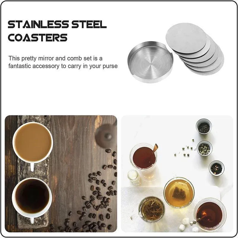 Stainless Steel Drink Coaster Set 6PCS Heat Resistant Cup Pads With Holder view 5