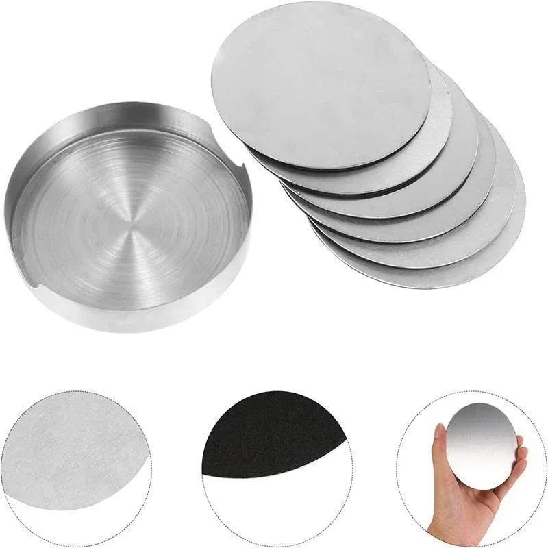 Stainless Steel Drink Coaster Set 6PCS Heat Resistant Cup Pads With Holder view 6
