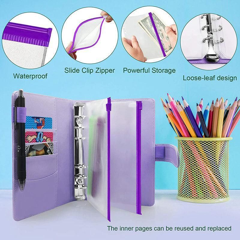 A6 Pu Leather Binder Pockets Cash Envelope Planner Notebooks - Light Purple view 8