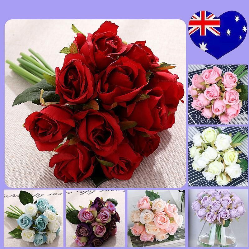 12 Heads Silk Rose Artificial Flowers Fake Bouquet - Red view 13