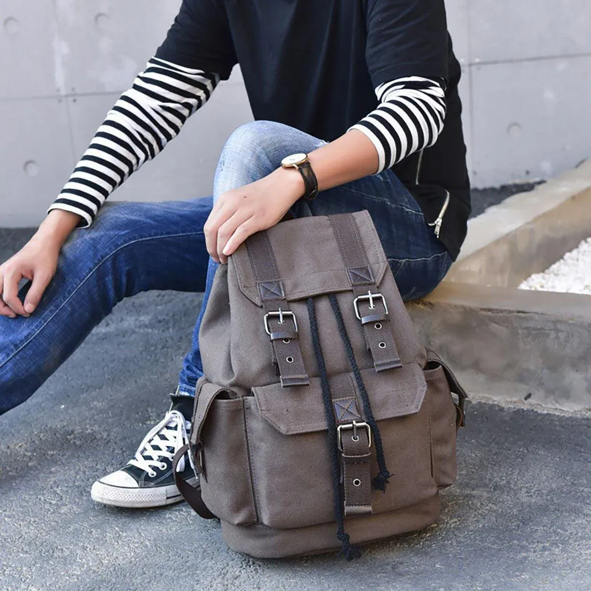 Unisex Retro Rucksack Large Capacity Travel Bag Leisure Backpack Schoolbag - Khaki view 6