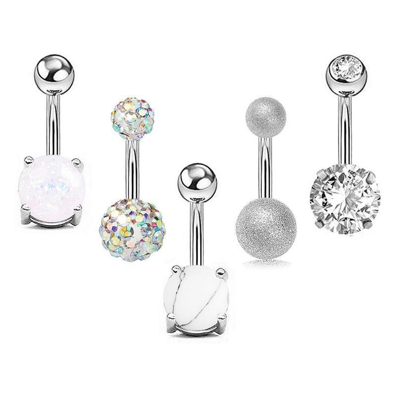 5Pcs Belly Bar Piercing Ring Crystal Zircon Surgical Steel Silver Jewellery