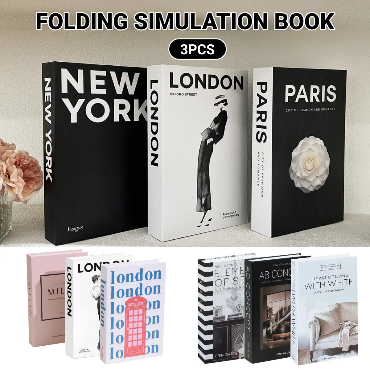 3 PCS Modern Decorative Books Set Foldable Fake Books for Display City Theme - B view 2