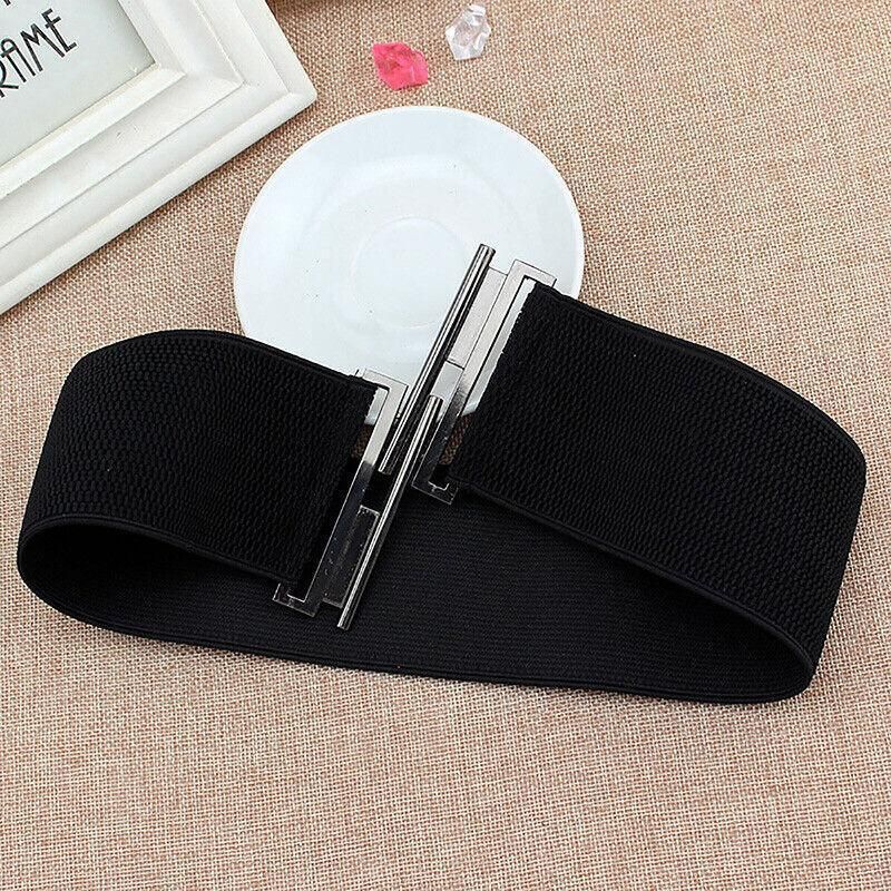 Women Elastic Waist Belt Stretch Cinch Wide Band with Metal Buckle for Dress view 9