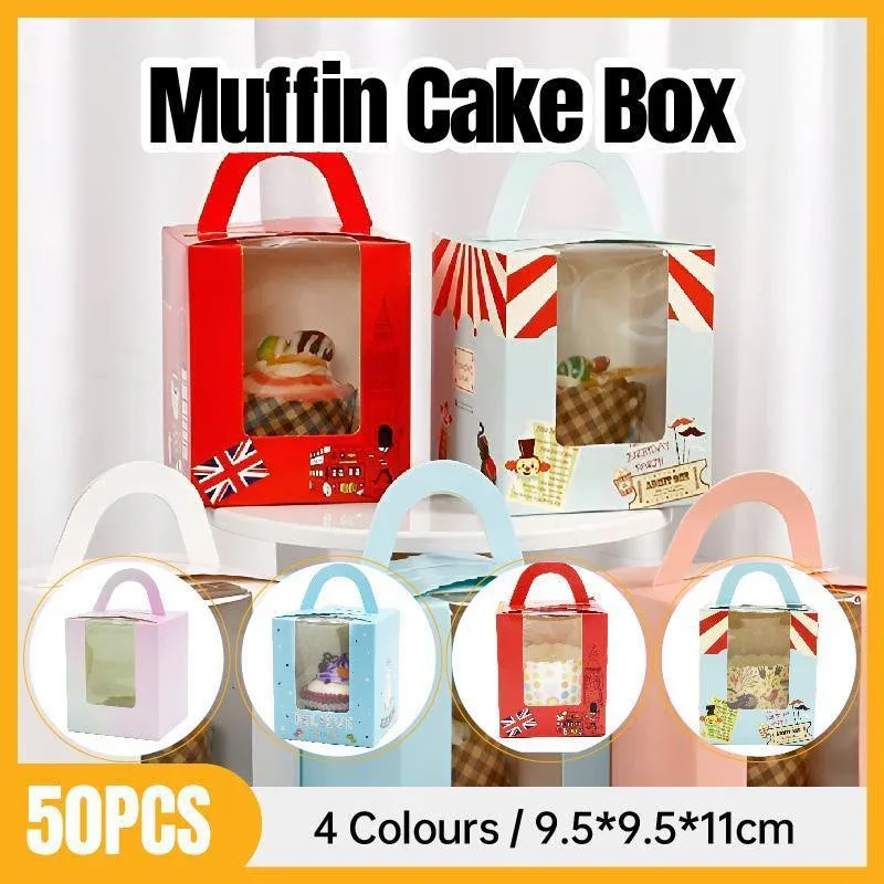 50x Assorted Color Muffin Cake Boxes with Clear Window & Handle High Quality view 2