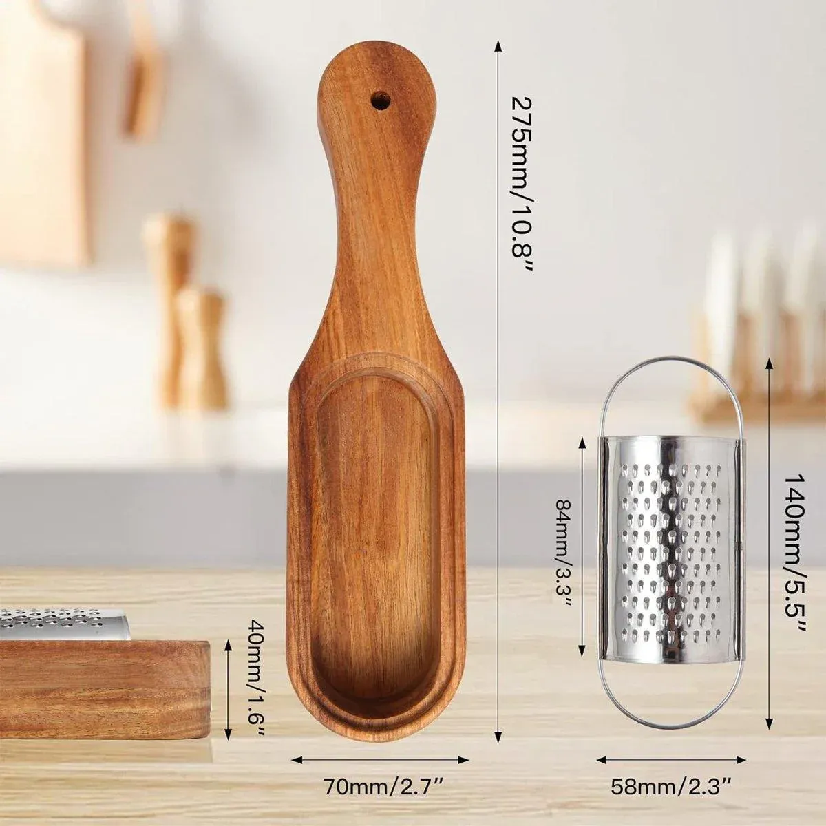 Premium Stainless Steel Cheese Grater with Acacia Wood Handle Scraper Planer view 3