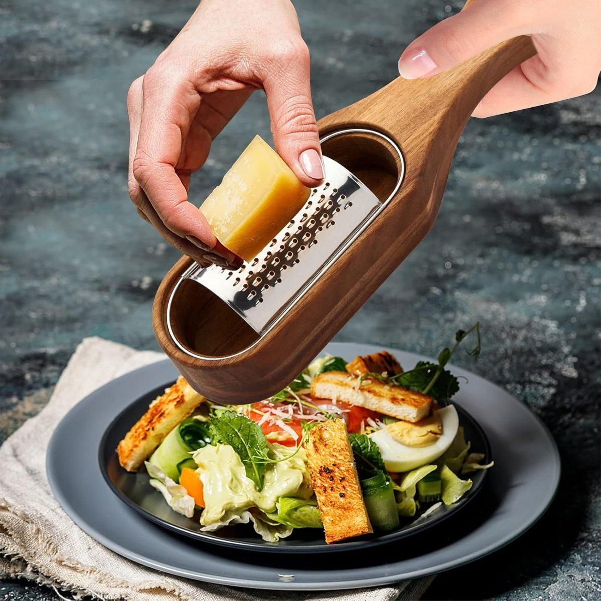 Premium Stainless Steel Cheese Grater with Acacia Wood Handle Scraper Planer view 4