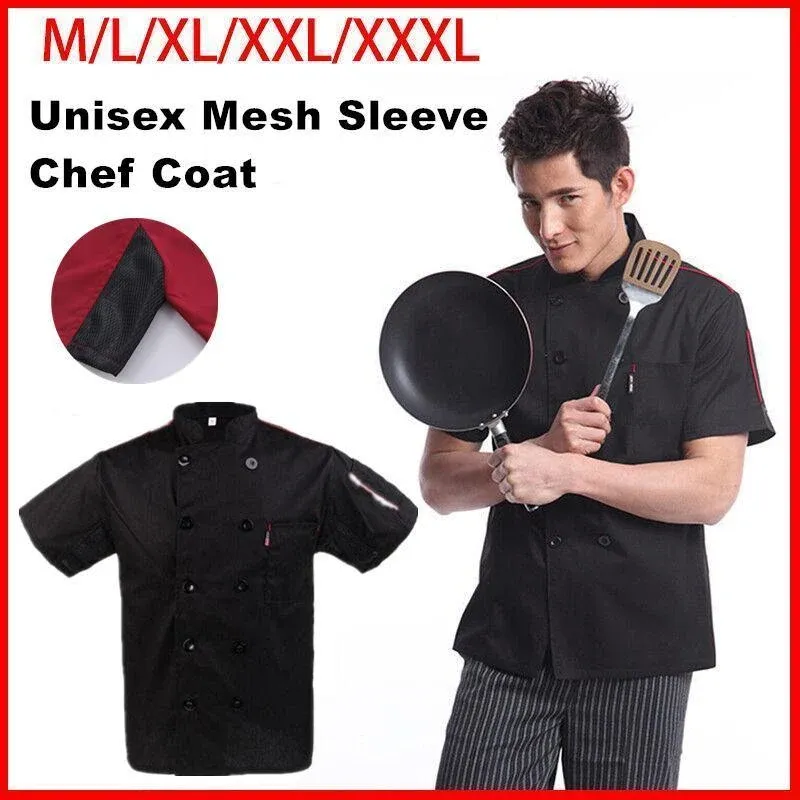 Black Unisex Mesh Sleeve Chef Coat Jacket Restaurant Hotel Cook Short Uniform - XL view 2