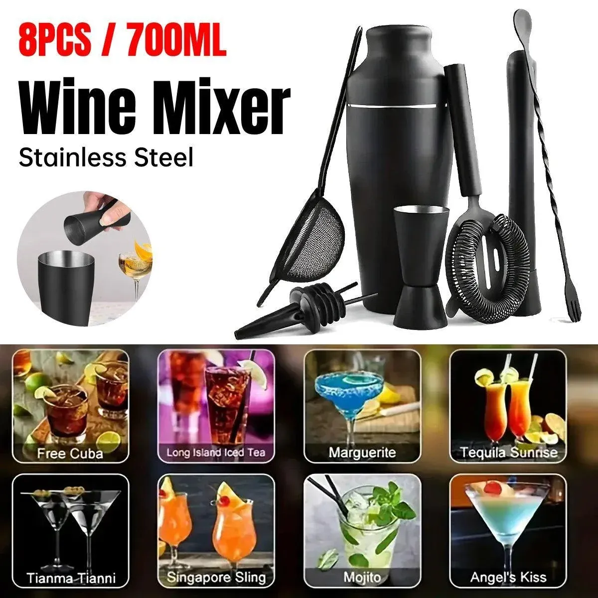 8PCS/700ML Stainless Steel Cocktail Shaker Bartender Tools Set Bar Supplies view 13