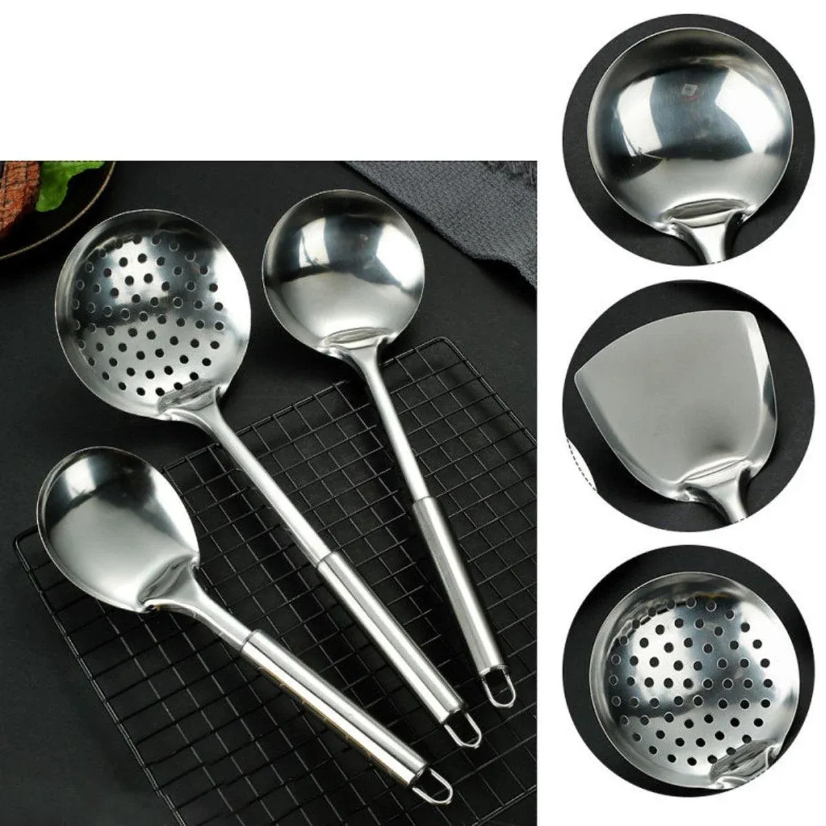 6PCS Stainless Steel Kitchen Utensil Set with Frying Spatula Colander and Spoon view 9