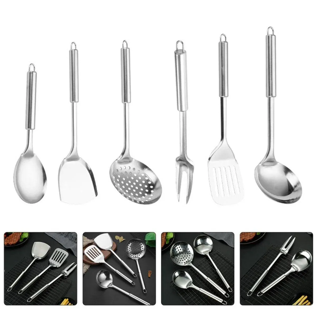 6PCS Stainless Steel Kitchen Utensil Set with Frying Spatula Colander and Spoon view 10