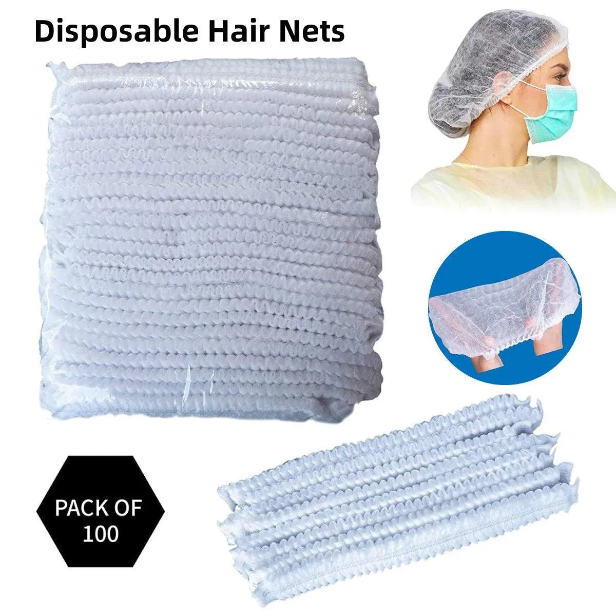 100pcs Disposable Non Woven Hairnet Caps for Food Service Kitchen Work Use