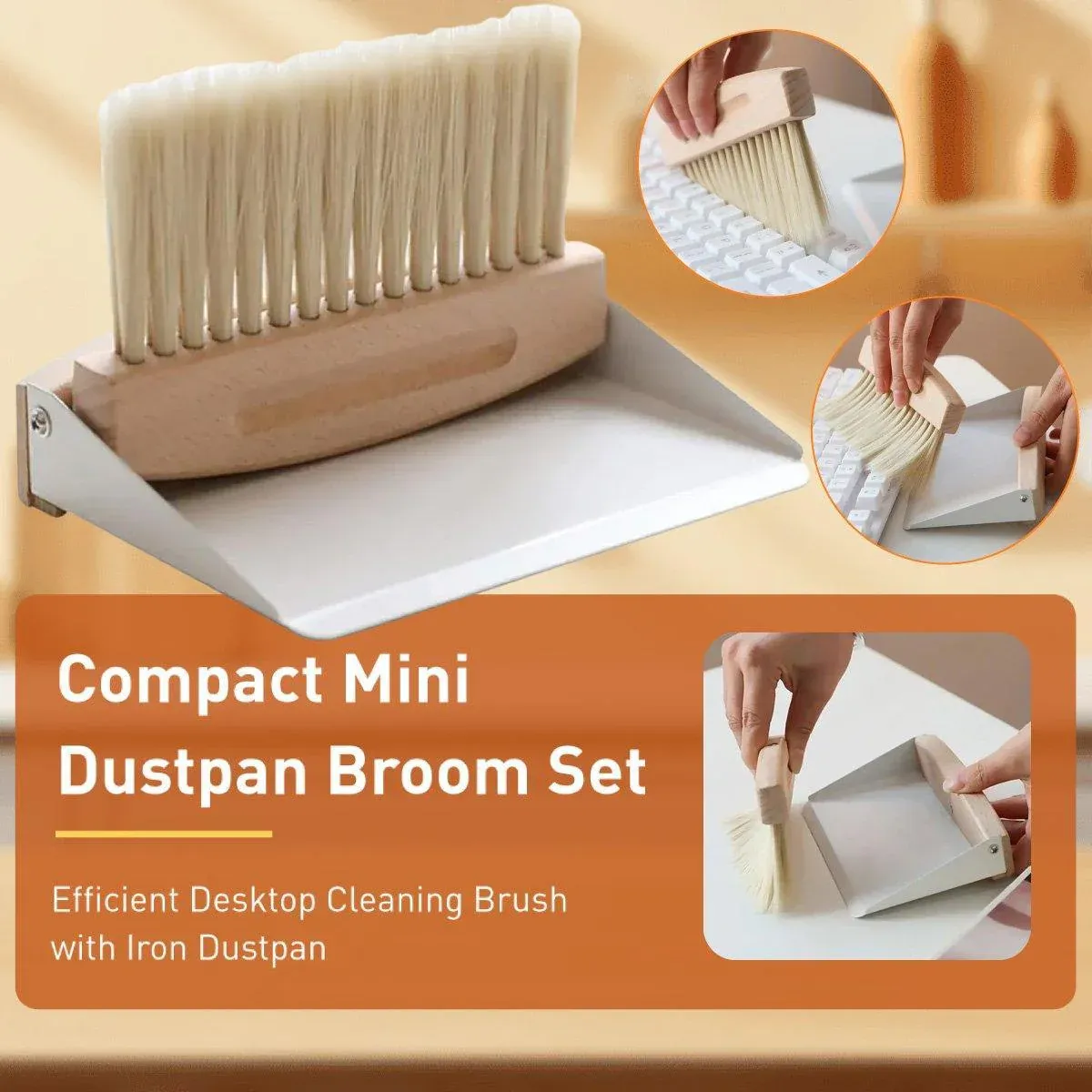 Mini White Brush Broom with Dustpan Car Desk Table Keyboard Cleaning Portable view 5