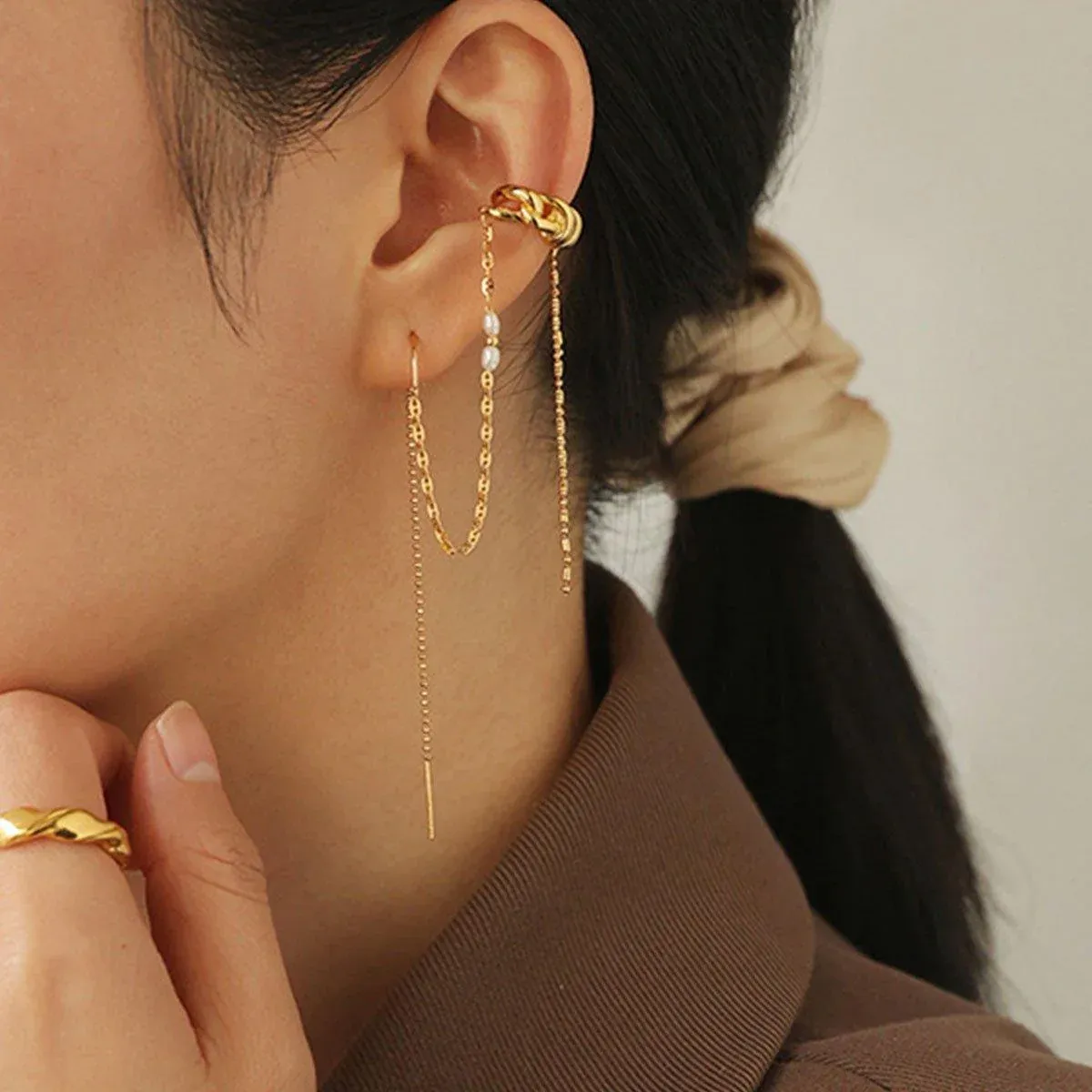One Piece Earrings Pearl Ear Wire Wrap Design Ear Bone Cuff Clip For Women view 6