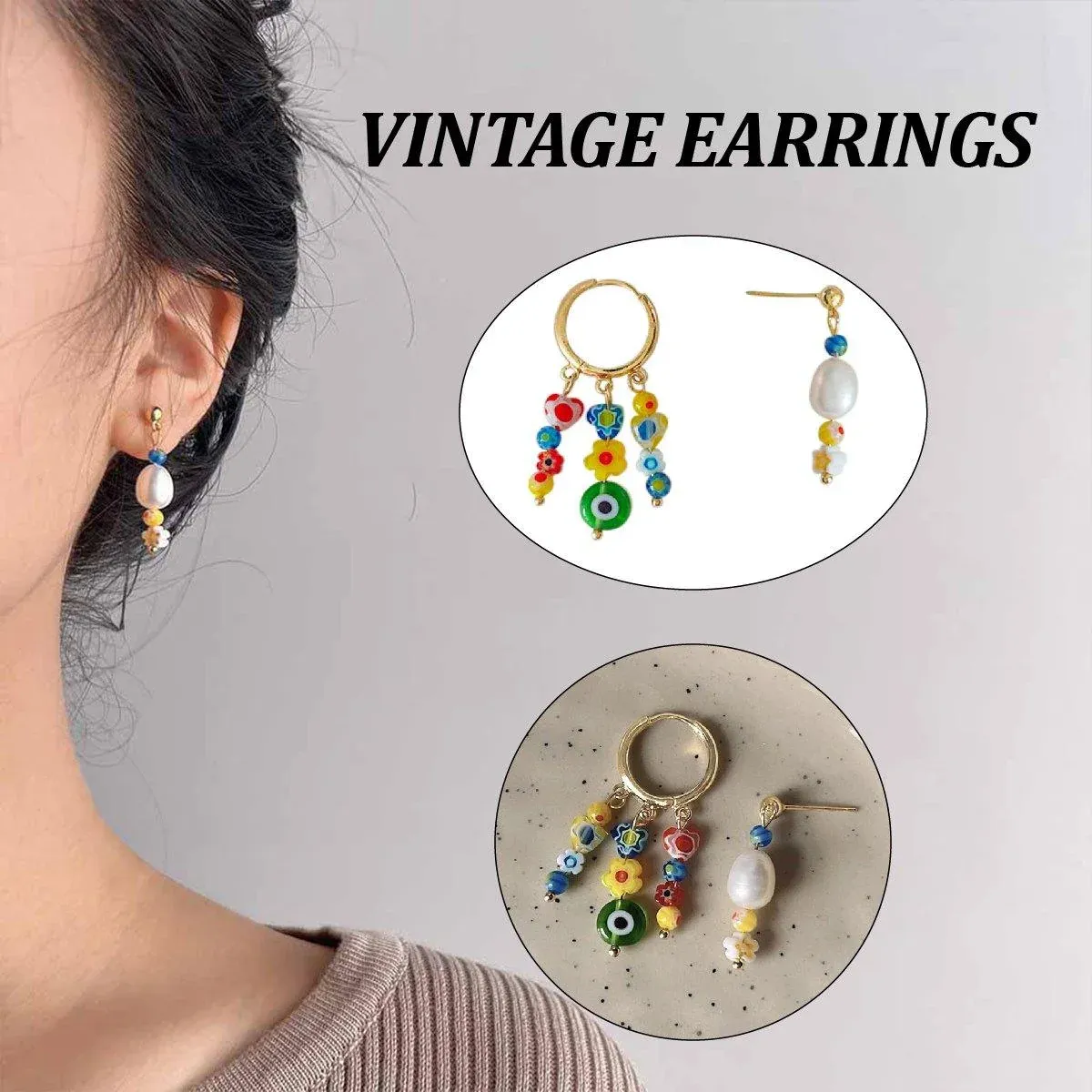 Vintage Asymmetrical Earrings Handmade Floral Glass and Pearl Drop Design for
