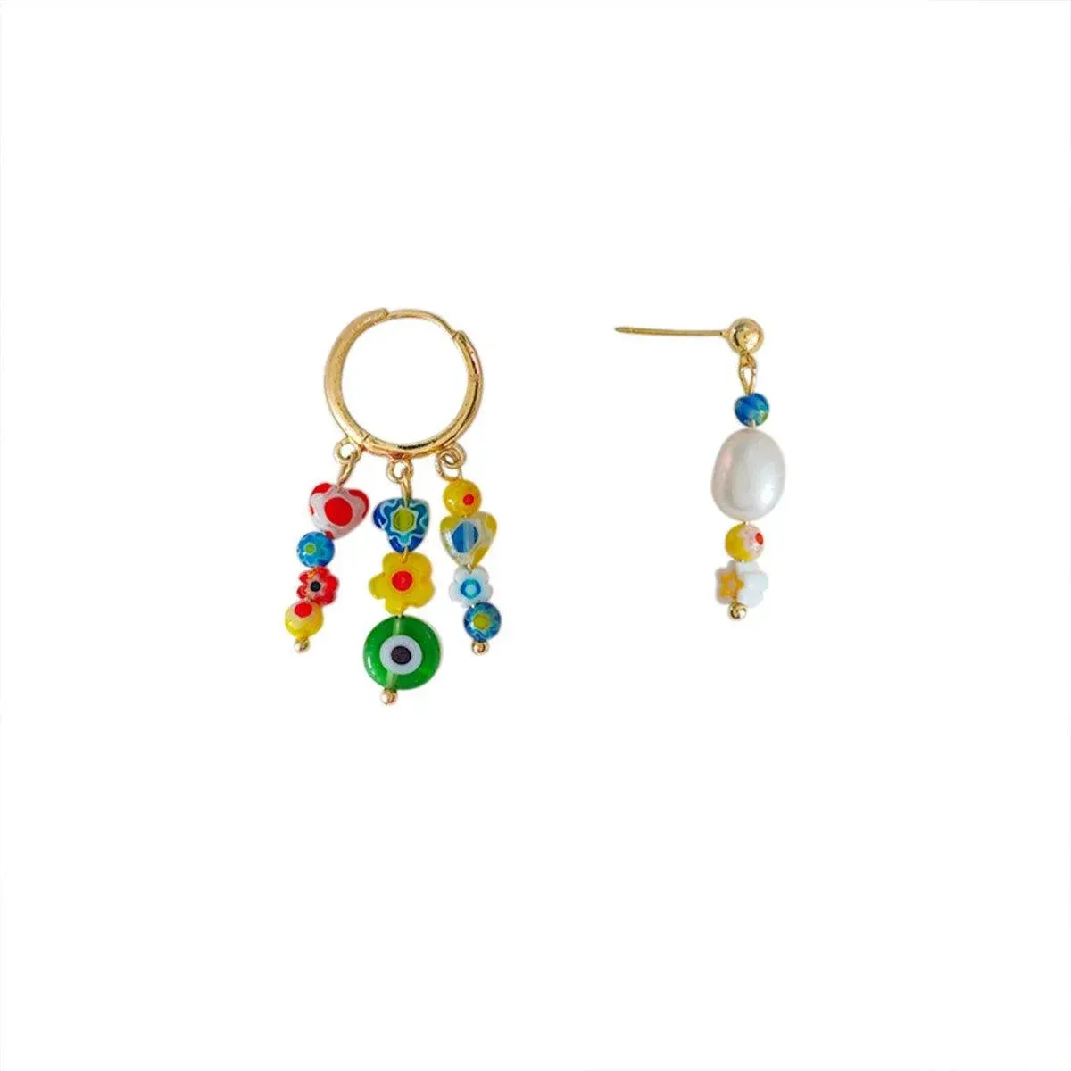 Vintage Asymmetrical Earrings Handmade Floral Glass and Pearl Drop Design for view 2