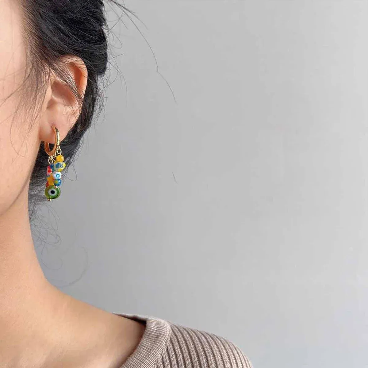 Vintage Asymmetrical Earrings Handmade Floral Glass and Pearl Drop Design for view 4