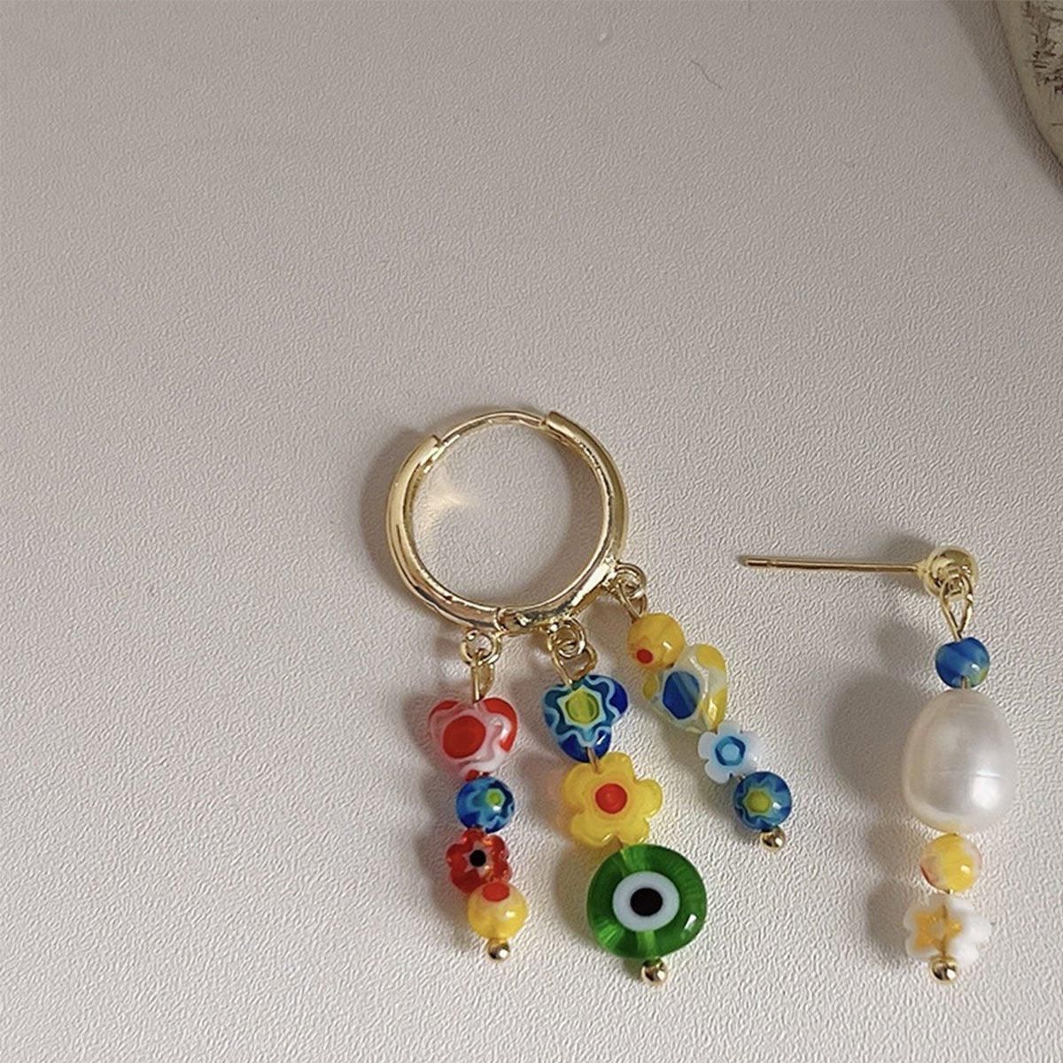 Vintage Asymmetrical Earrings Handmade Floral Glass and Pearl Drop Design for view 8