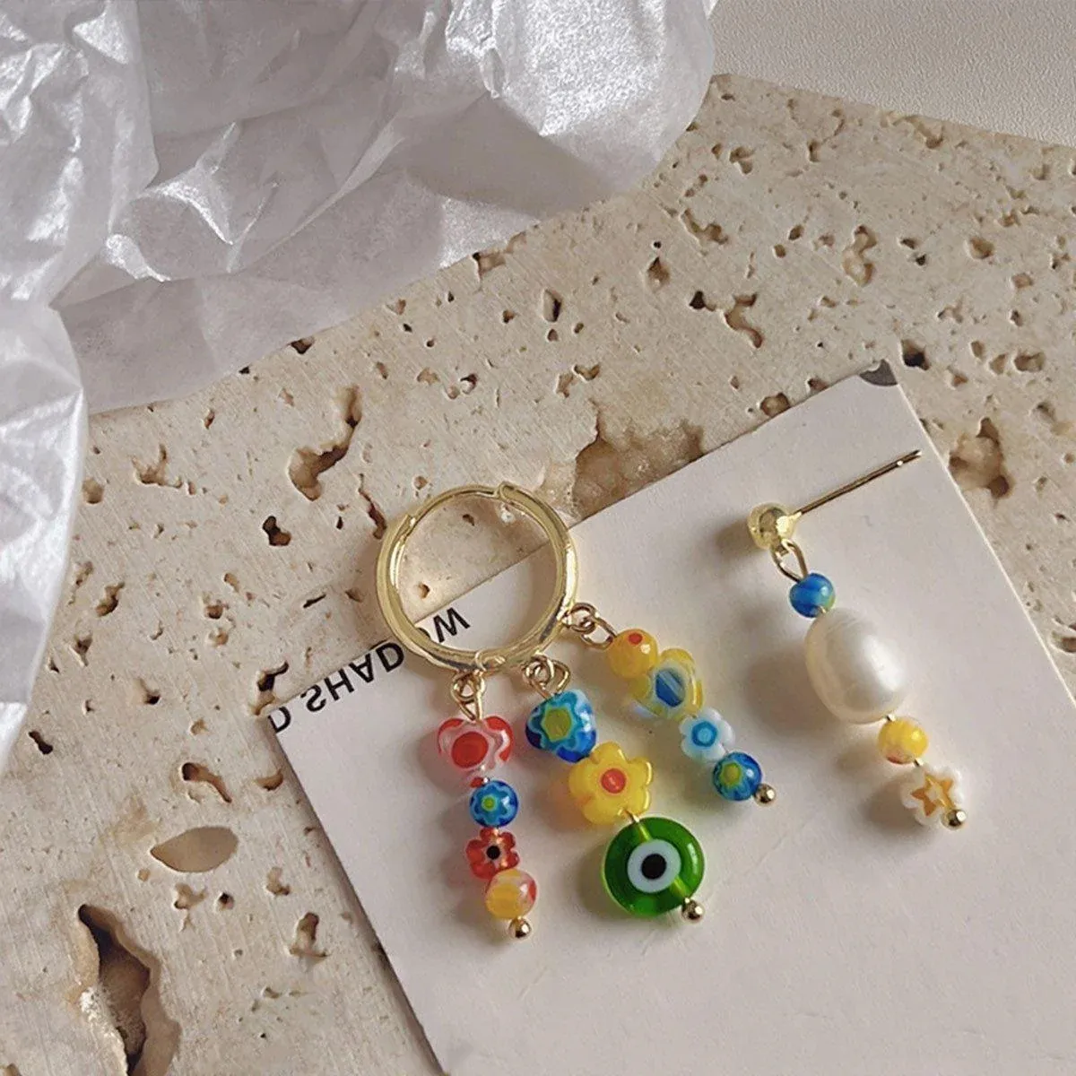 Vintage Asymmetrical Earrings Handmade Floral Glass and Pearl Drop Design for view 9
