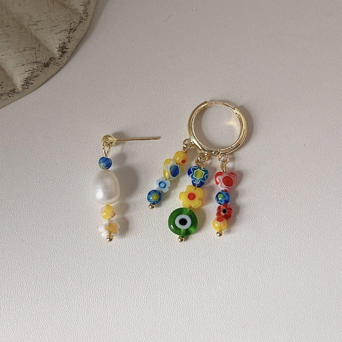 Vintage Asymmetrical Earrings Handmade Floral Glass and Pearl Drop Design for view 10