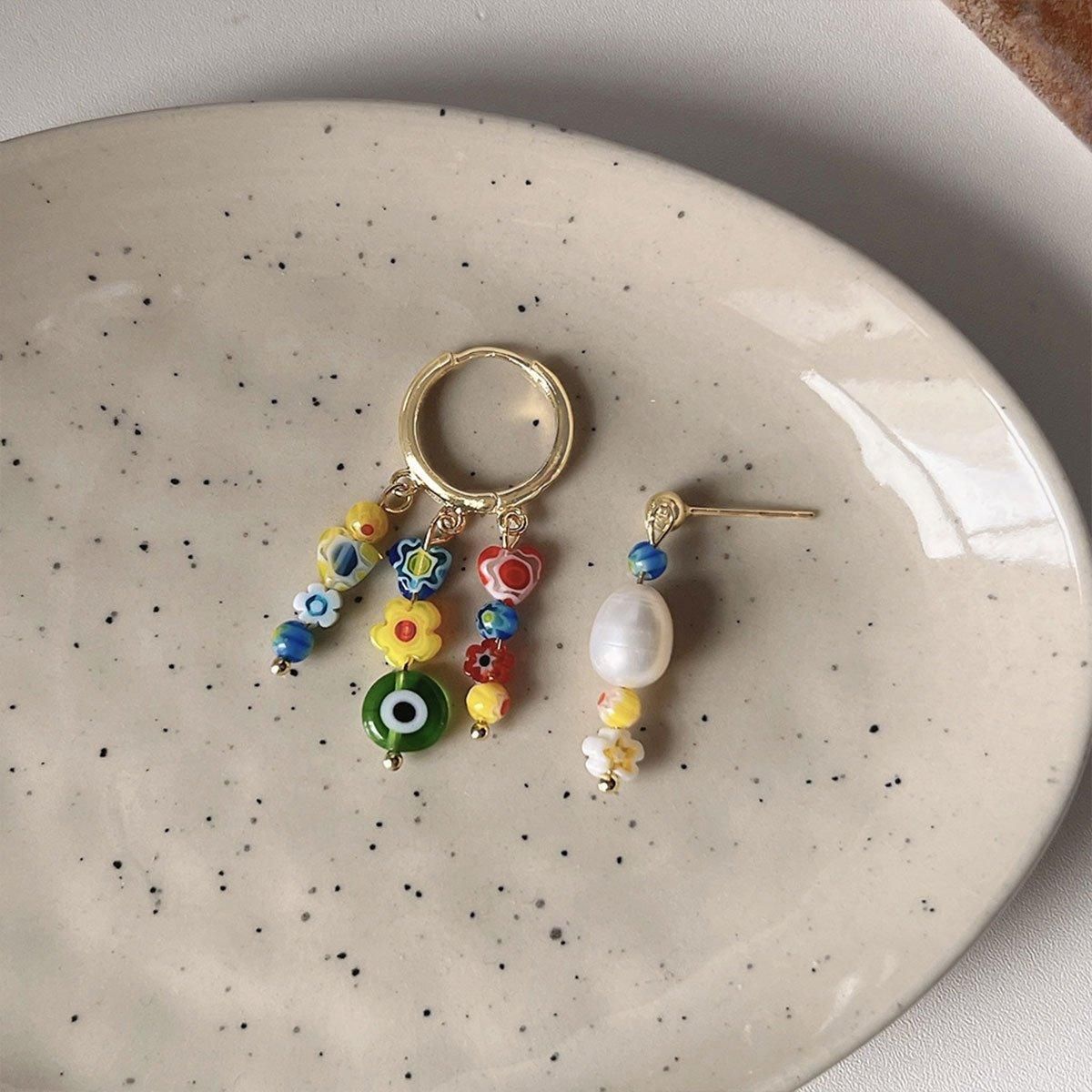 Vintage Asymmetrical Earrings Handmade Floral Glass and Pearl Drop Design for view 11