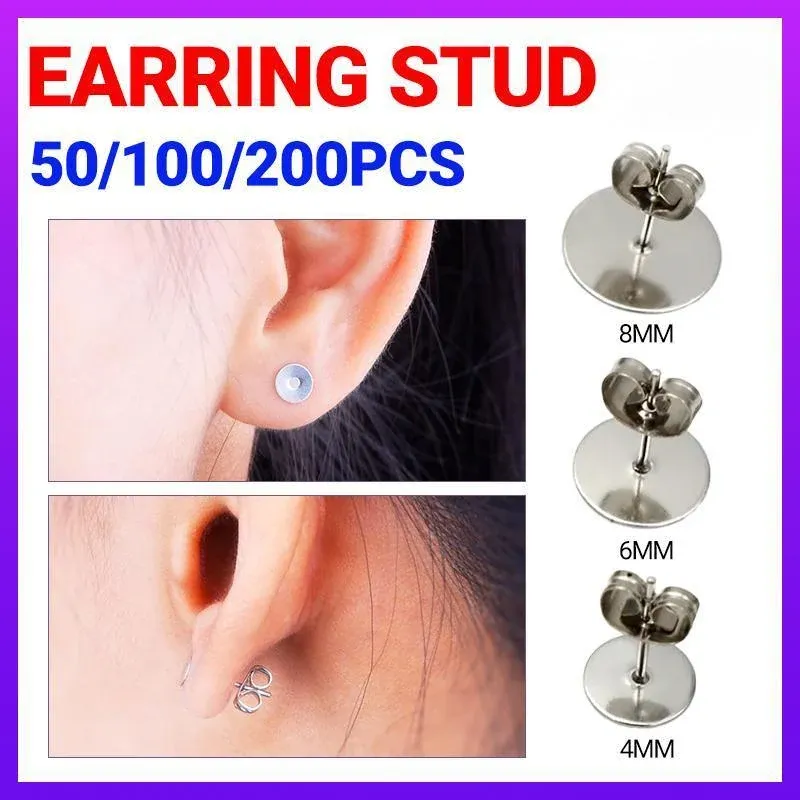 50/100/200PCS Earring Stud Posts Pads+Nut Backs Silvery Surgical Steel DIY view 2