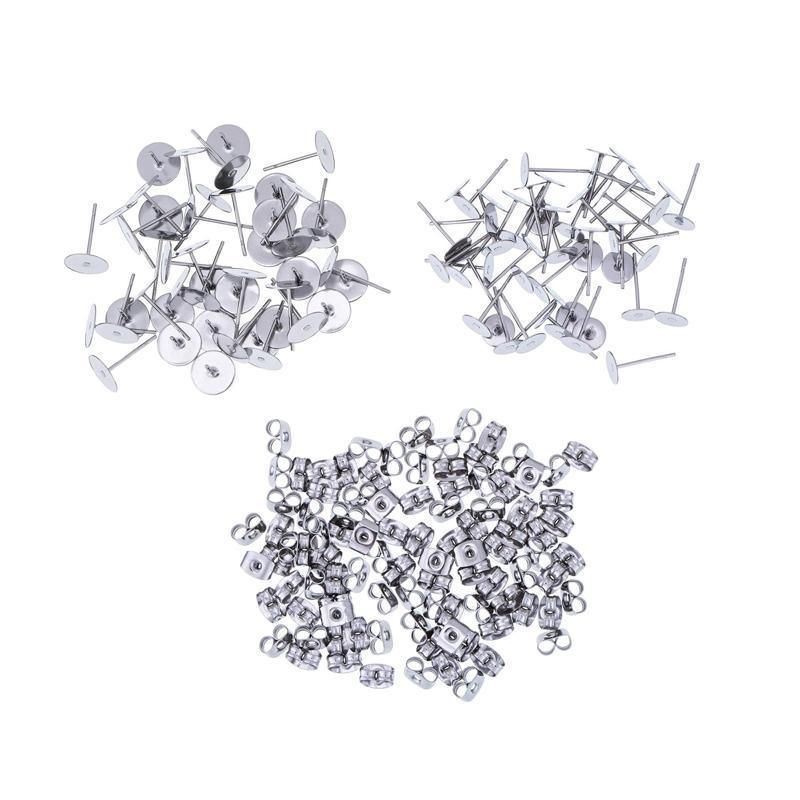 50/100/200PCS Earring Stud Posts Pads+Nut Backs Silvery Surgical Steel DIY view 5