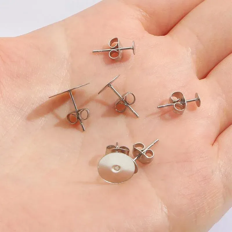 50/100/200PCS Earring Stud Posts Pads+Nut Backs Silvery Surgical Steel DIY view 8
