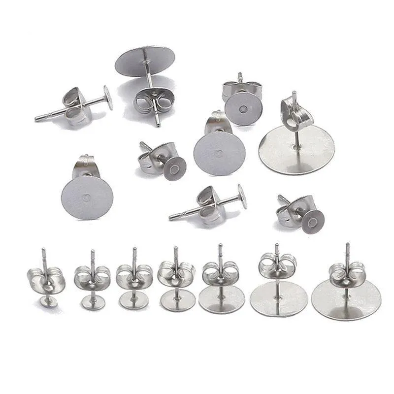 50/100/200PCS Earring Stud Posts Pads+Nut Backs Silvery Surgical Steel DIY view 13