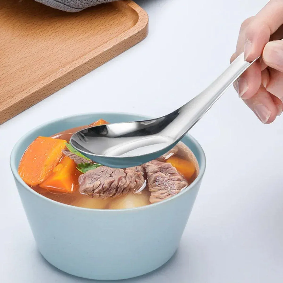 10pcs Stainless Steel Flat Bottom Spoon Household Kitchen Dining Soup Spoon Set view 4