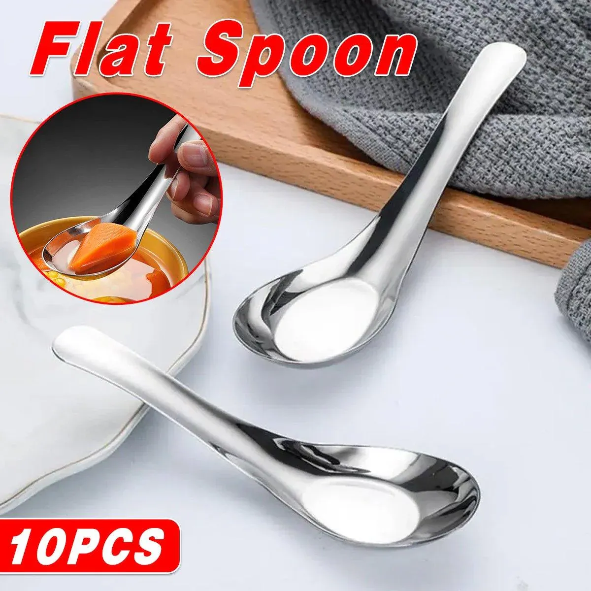10pcs Stainless Steel Flat Bottom Spoon Household Kitchen Dining Soup Spoon Set view 13