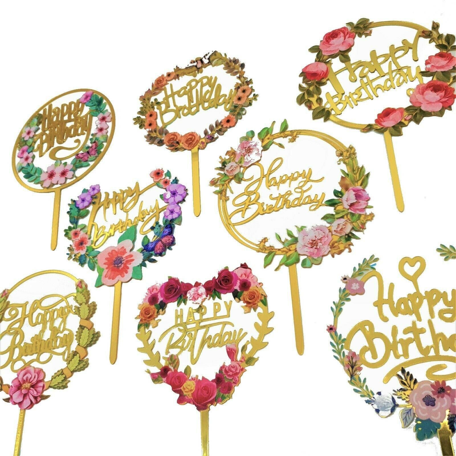 Happy Birthday Anniversary Wedding Cake Flowers Topper Acrylic Party view 5
