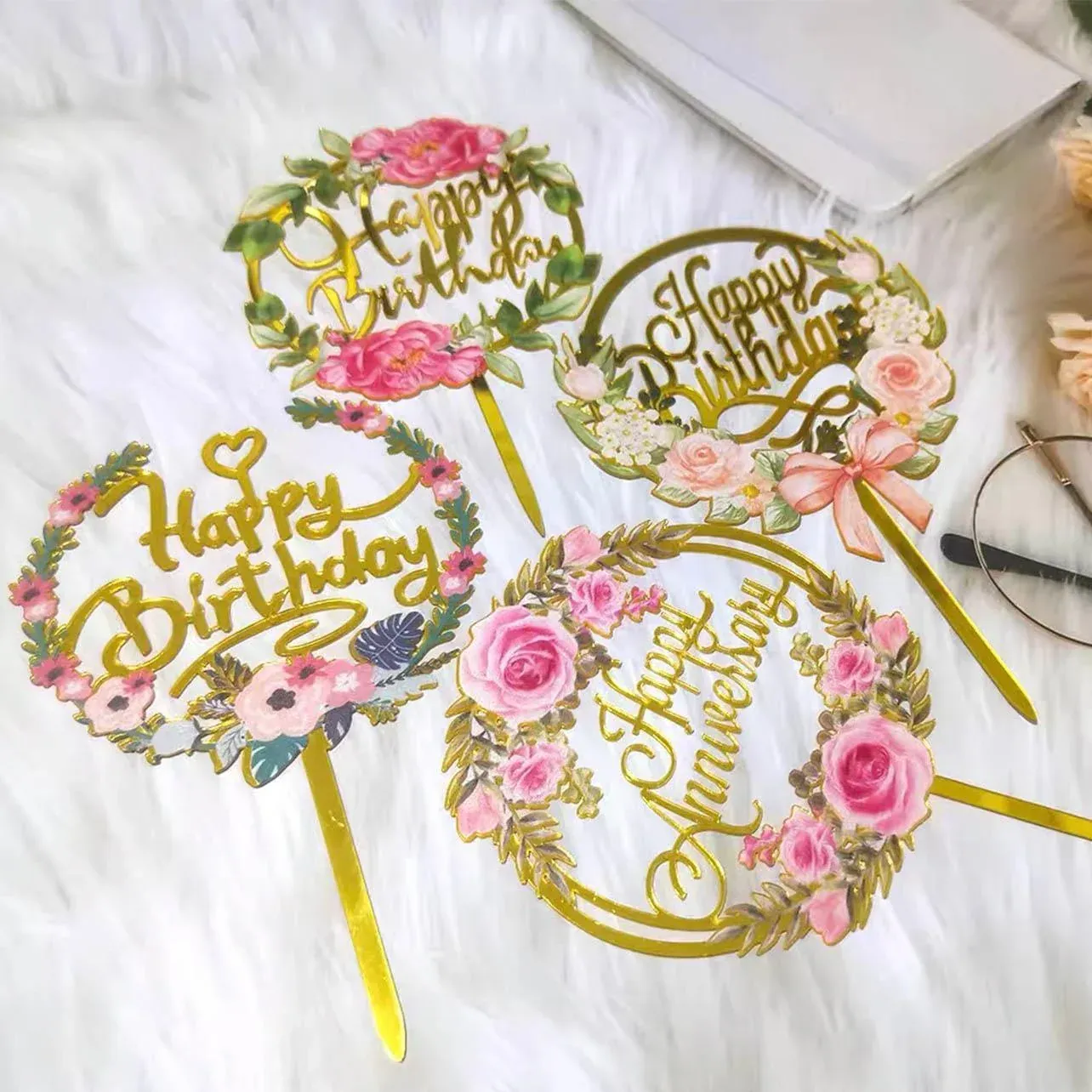 Happy Birthday Anniversary Wedding Cake Flowers Topper Acrylic Party view 11
