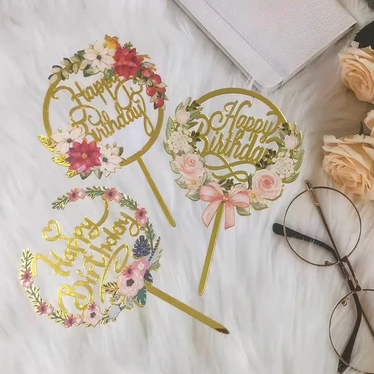 Happy Birthday Anniversary Wedding Cake Flowers Topper Acrylic Party view 13