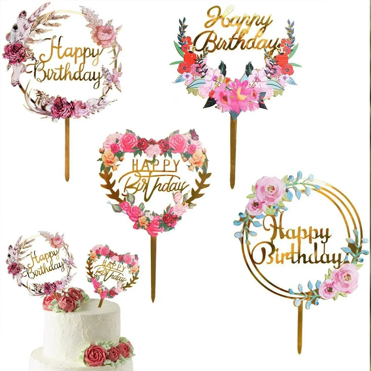 Happy Birthday Anniversary Wedding Cake Flowers Topper Acrylic Party view 4