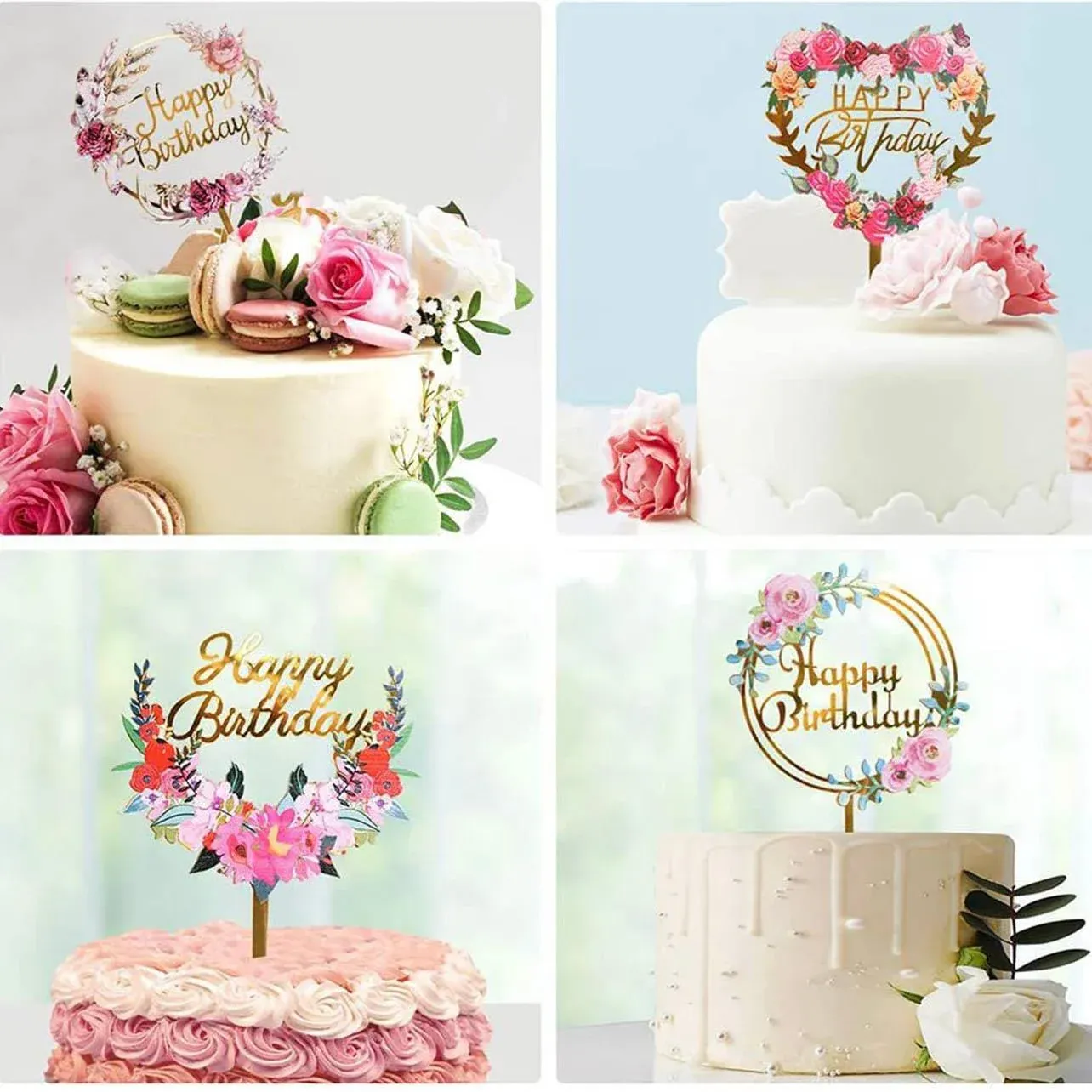 Happy Birthday Anniversary Wedding Cake Flowers Topper Acrylic Party view 8